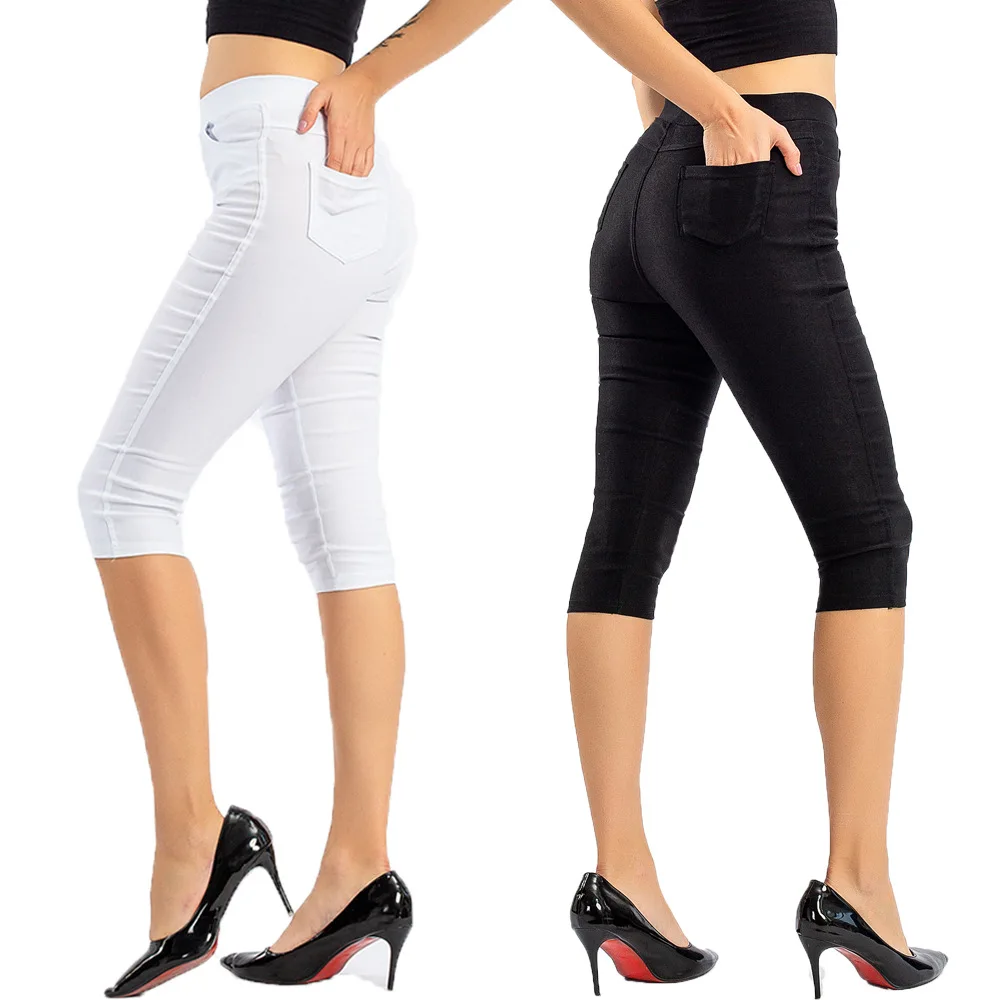 

Women High Waist Cropped Trousers Pants Elastic Bandage Leggings Plus Size XS-XL Solid color Fitness Leggings Breathable
