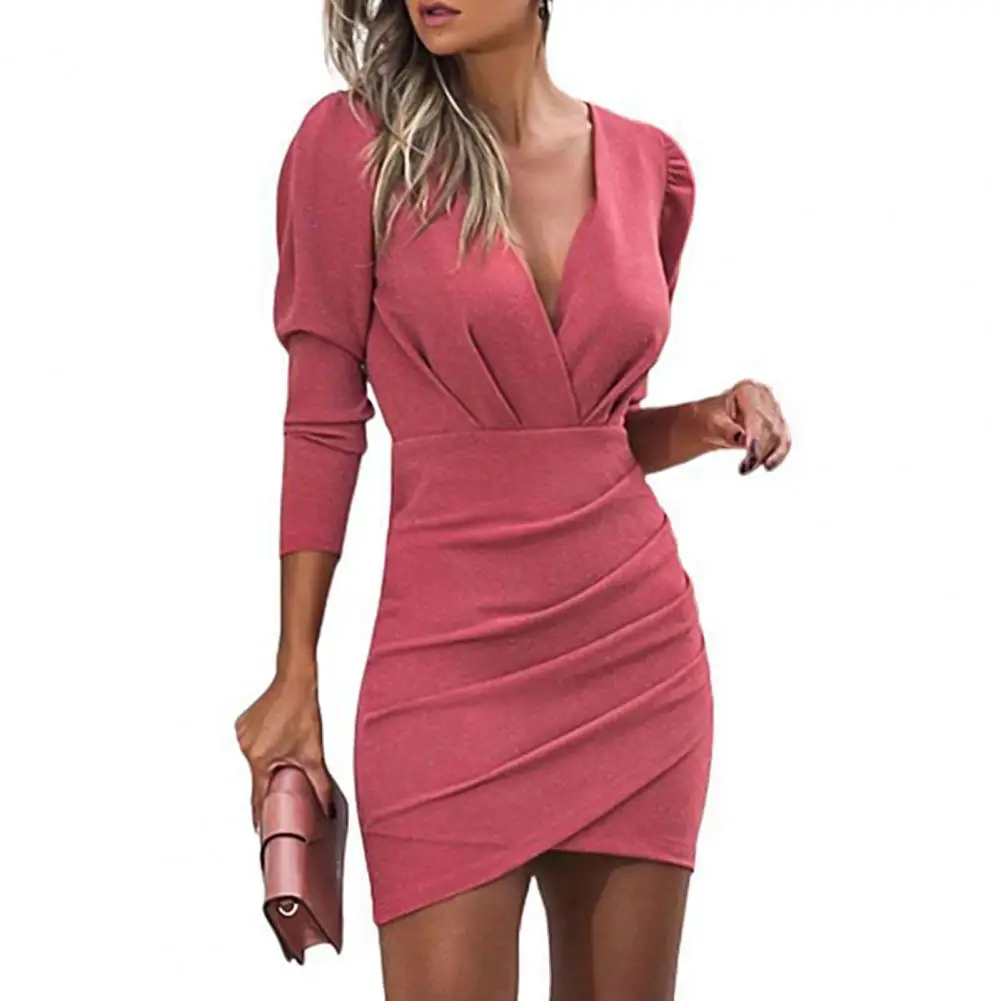 

Sexy Women Long Sleeve Deep V Neck Ruched Waist Tight Party Mini Bodycon Dress