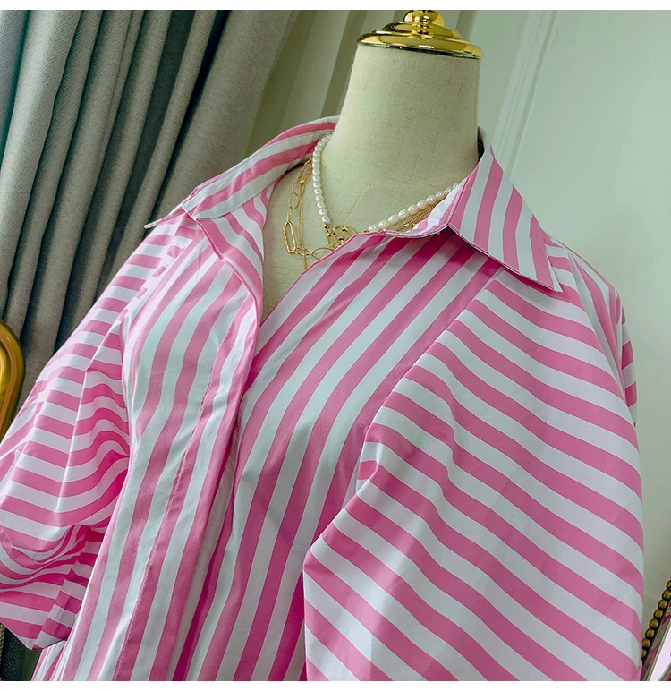 YEAR New Palace Puff Sleeves Women Blouse Striped Asymmetrical Casual Lady Shirt Clothes FOR Street