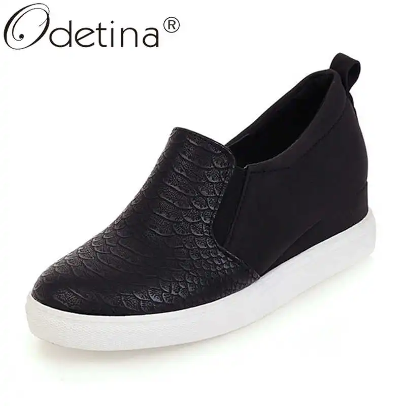 

Odetina Women Fashion Sewing Round Toe Mixed Female New Elegant Non-slip Hidden Mid Heel Platform Slip On Colors Casual Shoes