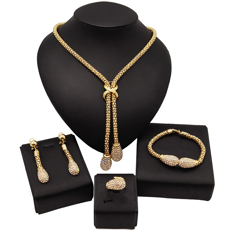 Yulaili Top Quality Vintage Style Gold Plated Round Crystal Pendant Necklace Earring Bracelet Ring African Party Jewelry Sets | Украшения и