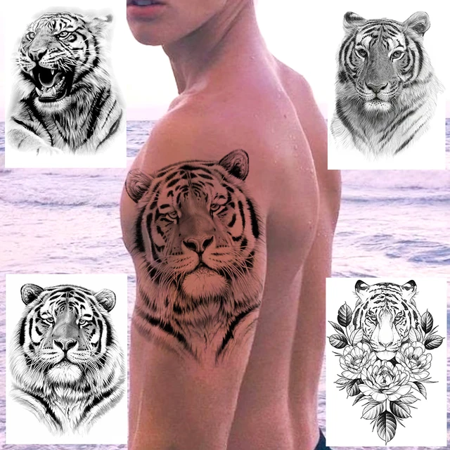 Grand autocollant de tatouage temporaire tigre Tigerish pour hommes et femmes, étiquette de tatouage temporaire, Art du corps, roi de la bête, henné, étanche 1