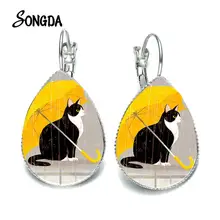 SSONGDA חתול ומטרייה קריקטורה עגיל גן שחור חתלתול פרח הדפסת זכוכית כיפה צרפתית וו עגילי בעלי החיים קישוטי נושא(China)