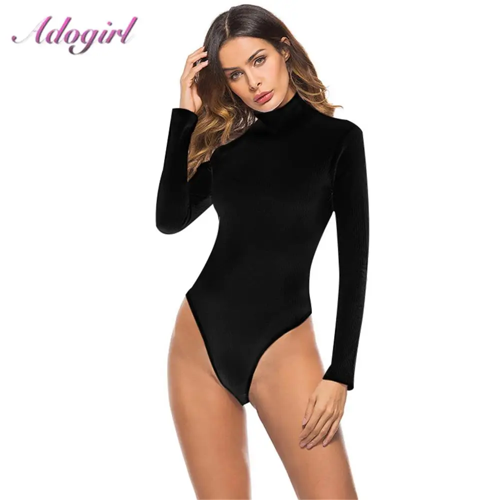 

Adogirl Casual Knitted Ribbed Long Sleeve Sweater Bodysuit Women Solid Turtleneck Body Basic Tee Tops Outfit Jumpsuit Rompers