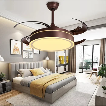 

42 Inch Invisible Modern Ceiling Fan with LED Light and Remote, 4 Retractable ABS Blades Fan Chandelier for Bedroom Diningroom