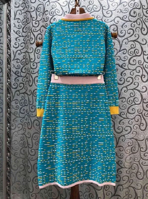 Женский комплект осень зима модный свитер костюм Дамы Питер Пэн воротник полосатый узор вязаные пуловеры+ синяя коричневая юбка