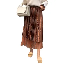 Юбка в стиле ретро, женская осенняя и зимняя одежда, блестящая сетчатая прошитая плиссированная юбка, женская модная Однотонная юбка миди