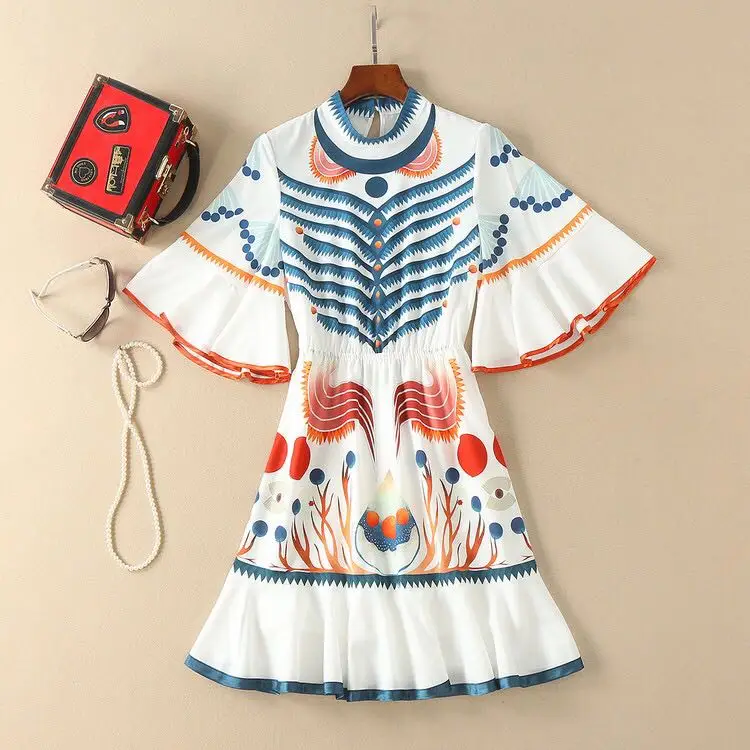 as show picture Ruffle Mini Dress Half Flare Sleeve Turtleneck Elasticated Print Vestido Slim Spring Summer Dresses For Women - Цвет: as show picture