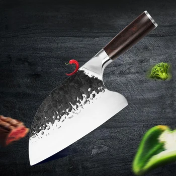 

Stainless Steel Hand Forged Hammered Steel Head Chef's Knife Double Steel Head Knife Wooden Handle Meat Cleaver Chopping Knife