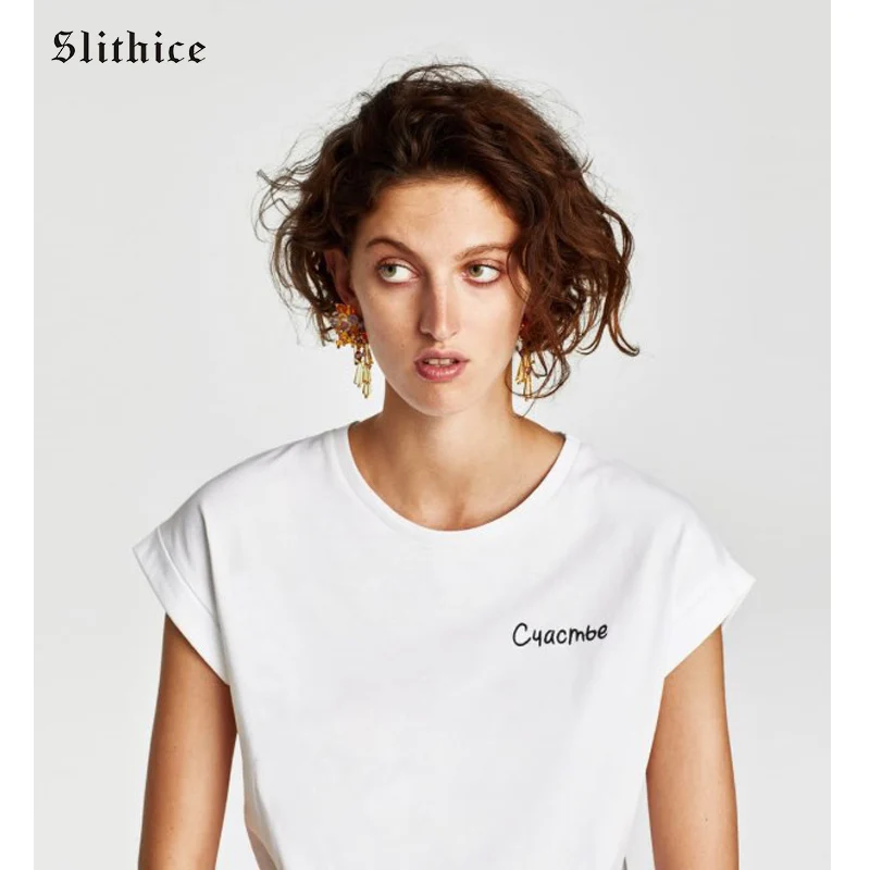 Slithice Women T-shirts White Black Short Sleeve O-neck Fashion Letter Print Casual Cotton Summer female t shirt tops tees |