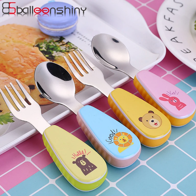 BalleenShiny 2 шт./компл. детская посуда набор с коробка для хранения мультфильм ручка в виде животного, состоящий из Портативный столовые приборы, ложка, вилка питания