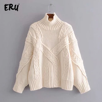 

ERU white casual turtleneck sweater women winter 2019 long sleeve warm pull femme knitted cotton ladies sweaters jumper