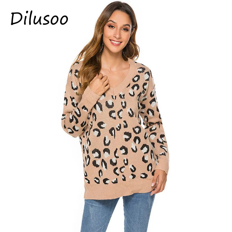 

Dilusoo Leopard Print Knitted Sweater Women 2019 Autumn Winter Pullover Loose Casual Woman Sexy V-neck Long Sleeve Sweaters