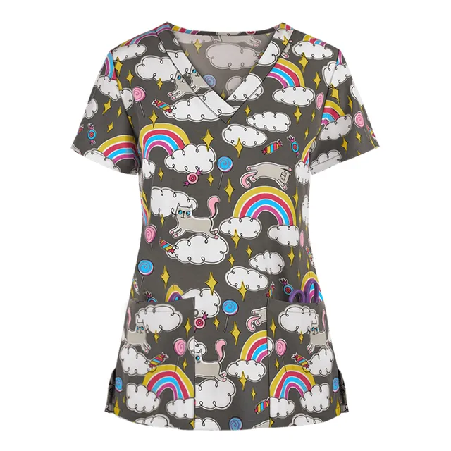 Women's Animal Print Short Sleeve V-neck Carer Top Nurse Uniforms Woman Tops Beauty Salon Working Uniform Cartoon Print Workwear DY
