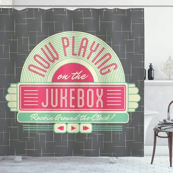 

Jukebox Shower Curtain, Charcoal Grey Backdrop with 50s Inspired Radio Music Box Image, Cloth Fabric Bathroom Decor Set with