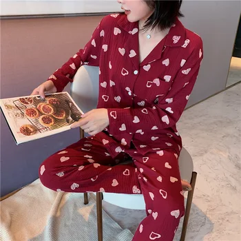 

Spring Cotton Pajamas Set long Sleeve Women Fashion Lovely print Homeware Leisure Clothes Women Long Pant Pyjamas Sets