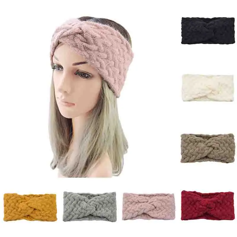 

Autumn Winter Women Wide Hairband Keep Warm Soft Knitted Headband Pure Color Twist Cross Plush Ear Warmer Crochet Headwrap