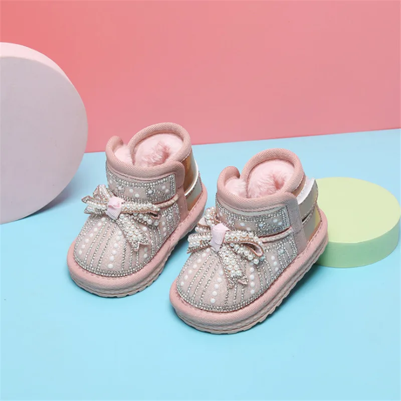 Winter Baby Snow Boots Butterfly-knot Pearl Warm Plush Grils Princess Boots Soft Sole Ankle Toddler Kids