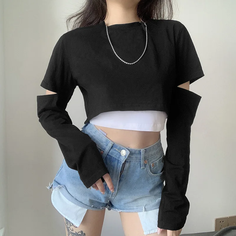 

Summer new 2020 Europe and America ins women's solid color fake two pieces of open sleeve hollow loose long sleeve navel exposed