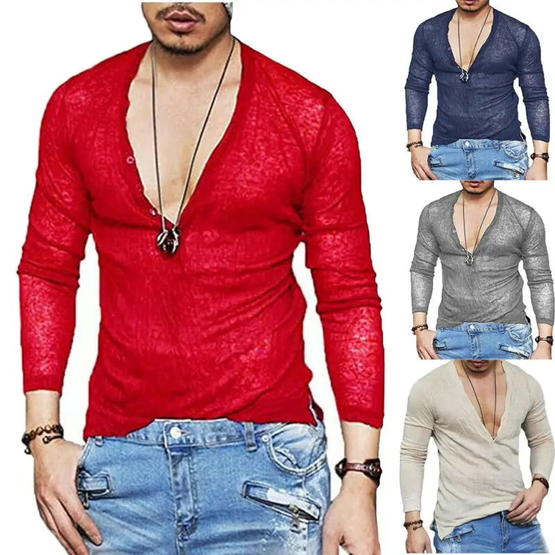 

Fashion Male Slim Fit V Neck Long Sleeve T-shirts Solid Color Autumn Muscle Basic Tee Men Casual T-shirts Streetwear 2020 Newly