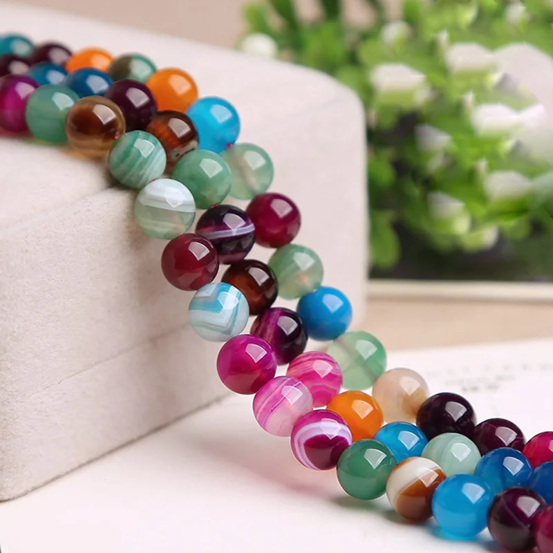 Natural Agate Stone Round Colorful 4mm 6mm 8mm 10mm 12mm Loose Beads for Jewelry Making Bracelet DIY Crafts Findings