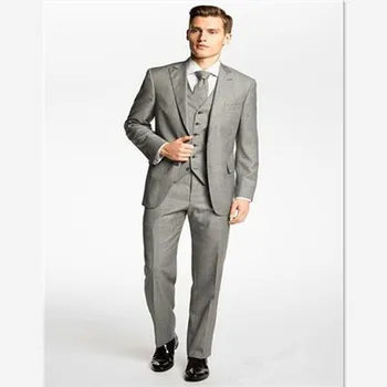 

costume homme Mens Suit (Jacket+Pants+Vest+Tie) Hot Sale Groom Tuxedos Peak Lapel Grey Groomsman Men's Wedding Prom Colote