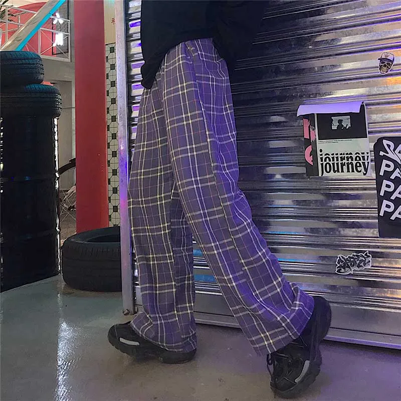 NiceMix harajuku клетчатые эластичные брюки с высокой талией осень wo мужские уличные хип хоп прямые брюки повседневные брюки