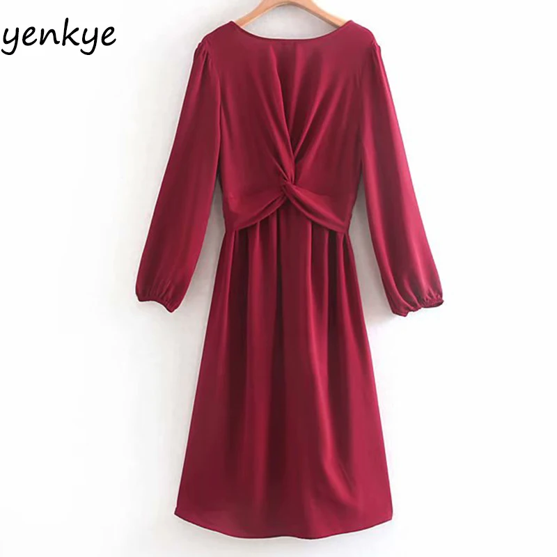 

New Design Women Solid Color Front Knotted Long Dress Lady Round Neck Long Sleeve Casual Autumn Dress Plus Size XNWM9005