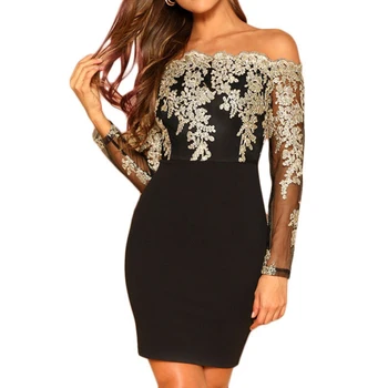 

DYMADE Elegant Lace Patchwork Prom Dresses 2020 Sexy Slash Neck Long Sleeve Appliques Short Dress Graduation Party Gowns D30