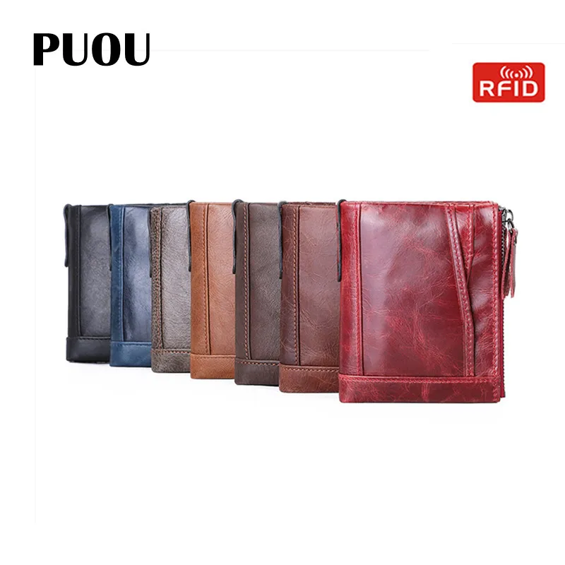 

PUOU Genuine Leather Wallets for Men with Coin Pocket Wallet ID Card Holder Purse Clutch with Zipper Men Wallet Coin Bag Gift