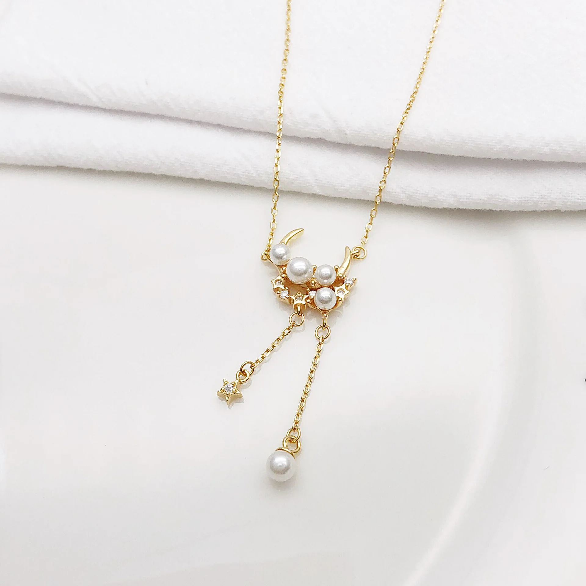 golden moon pearls tassel necklace woman 100% 925 Sterling silver nacklace fashion Jewelry Clavicle chain pendant charms