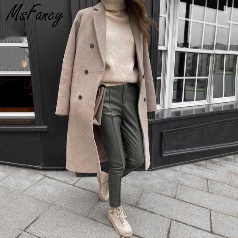 Msfancy зимнее шерстяное женское двубортное длинное пальто 2021 корейская мода