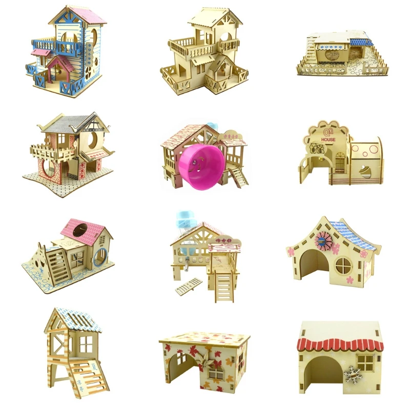 Hamster Hideout Wooden Hut Small Animals Double Layer Villa Rat Room House Cage Exercise Toy with Ladder Board small animals pet exercise toy pet toys hamster toy