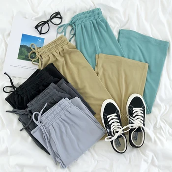 

Drawstring Solid Color Women Pants High Waist Wide Leg Summer Candy Color Elastic Waist Pants