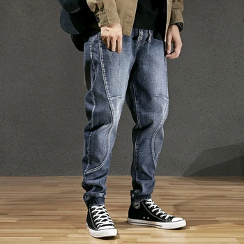 

Autumn Winter Fashion Men Jeans Loose Fit Retro Blue Spliced Designer Harem Jeans Warm Pants Streetwear Hip Hop Velvet Jeans Men