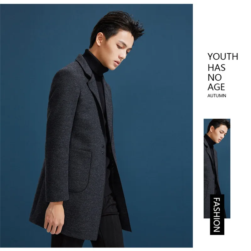 Winter Fashion Korea Style Casual Wool Overcoats for Men Single Breasted Black Coat