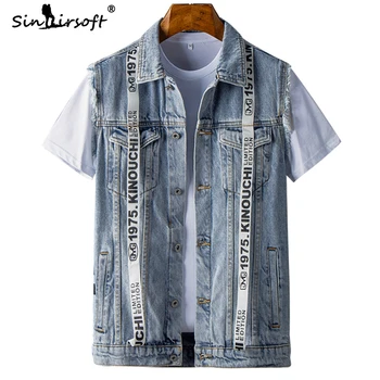 

Men's Denim Sleeveless Jacket Slim Fited Letter Print Draped Male Hip Hop Preppy Style Cowboy Coat 2019 Autumn Fashion Clothing