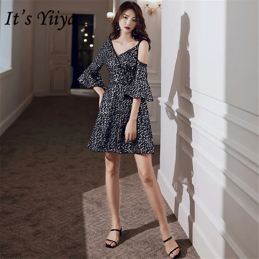 Это Yiiya Выпускные платья с v-образным вырезом с аппликацией vestidos de торжественный красивая обувь черного цвета; платье с расклешенными рукавами элегантные Для женщин торжественное платье размера плюс E1323