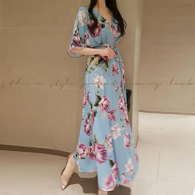

2019 Spring And Summer Korean-style Sexy V-neck Tight-Fit Slimming Wrap Printed Waist Hugging Half-sleeve Shirt Long Dress