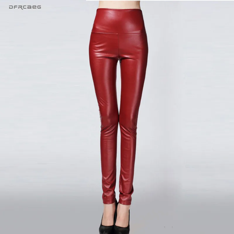 

Elastic High Waist Slim Faux Leather Trousers Femme 2019 Autumn Winter Fashion Women Skinny Velvet Stretch PU Pencil Pants