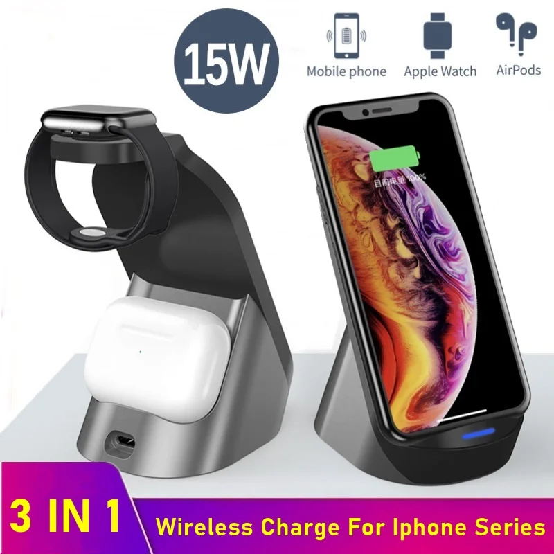Tongdaytech-cargador inalámbrico 3 en 1, estación de carga rápida de 15W, Qi, para Apple Watch 5, 4, 3, 2, 1, Iphone 8, Pus, XR, XS, 11 Pro MAX