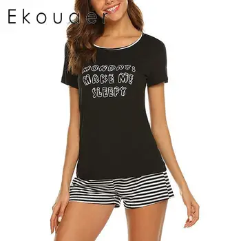 

Ekouaer New Soft Loungewear Women Summer Pajama O-Neck Short Sleeve Letters Prints Tops Shorts Pajamas Set Female Nightwear