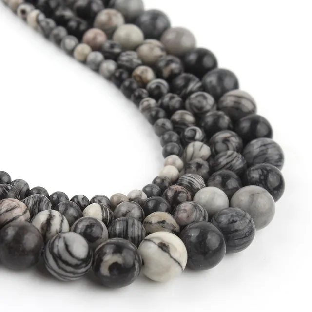 Natural Stone Beads Black Hematite Zebra Jespers Round Spacer Beads for Jewelry Making DIY Bracelet Necklace Accessories 15'' Black web Jasper