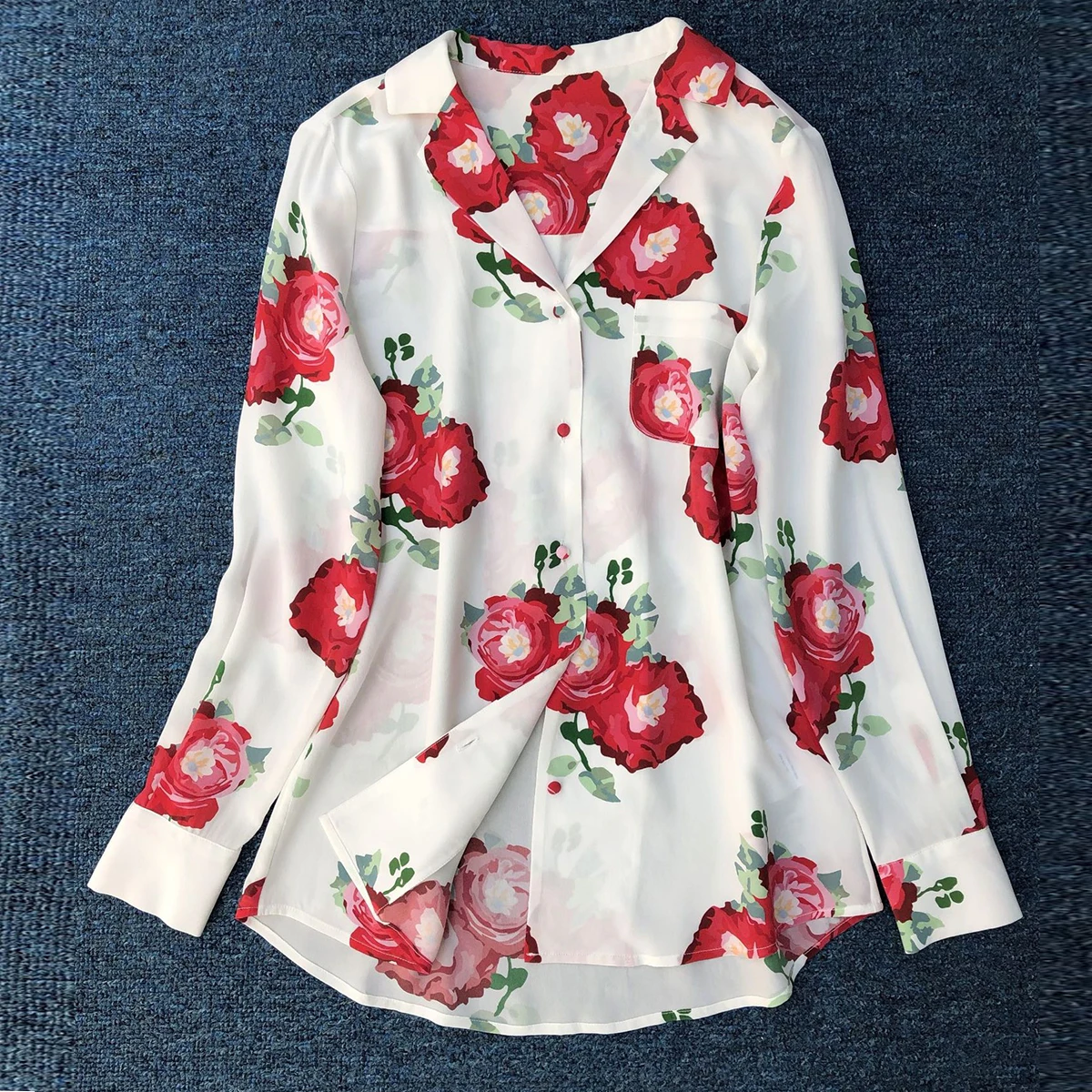 Rose Printed Silk Shirt Women Summer Chic V Neck