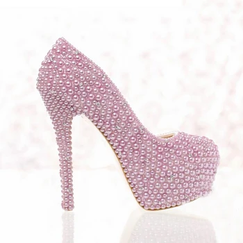 

2020 Round Toe Fashion Shoes Women Luxury Platform Party Shoes Purple Pearl Wedding Pumps Silver Crystals Evening Party Shoes