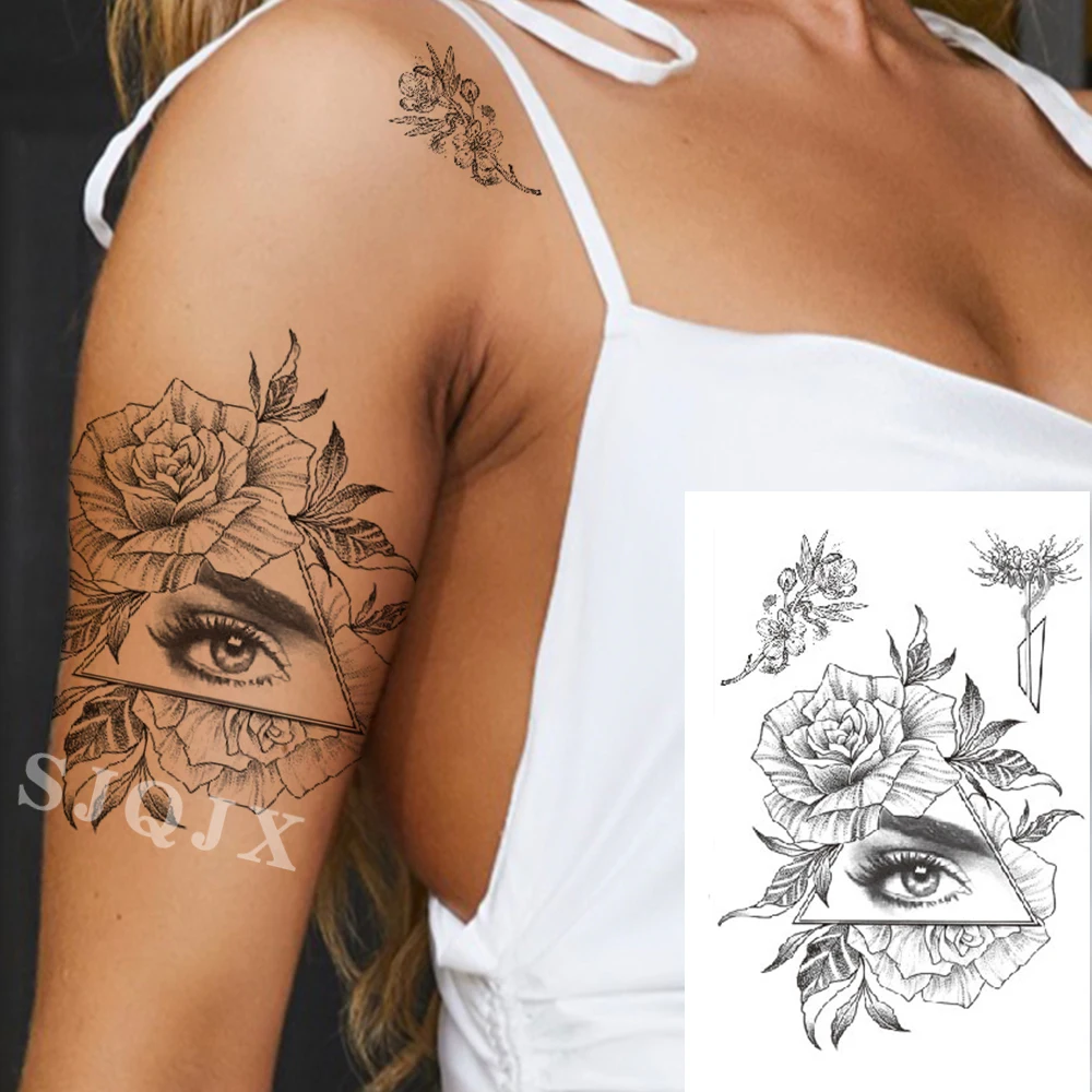 Временные Черные цветы розы для женщин девушки татуировки рукава водонепроницаемый треугольник татуировки стикер боди арт руки ноги сексуальные Поддельные татуировки
