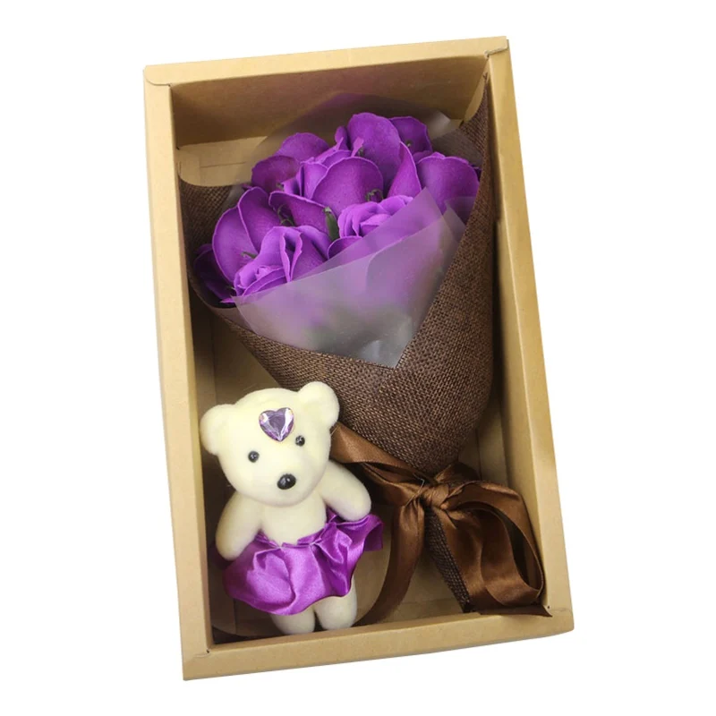 

Artificial Flower 7 Colorful Bath Soap Roses With Bear Cub Mother's Day Valentine's Day Rose Floral Rose Petal Bouquet Gift Box