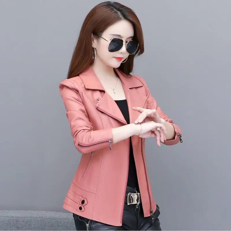 

Plus Size Women's Leather Jacket 2019 New Spring And Autumn Female Leather Clothing Short Slim Motorcycle Leather Coat Women Red
