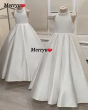 Halter Flower Girls Dresses Beaded Collar Backless Satin Prom Gown A-line Wedding Birthday Party Children Clothing