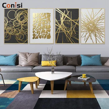 

Conisi Nordic Unframed Gold and Black Line Geometric Canvas Paintings Abstract Wall Poster Best Home Decor for Working Place